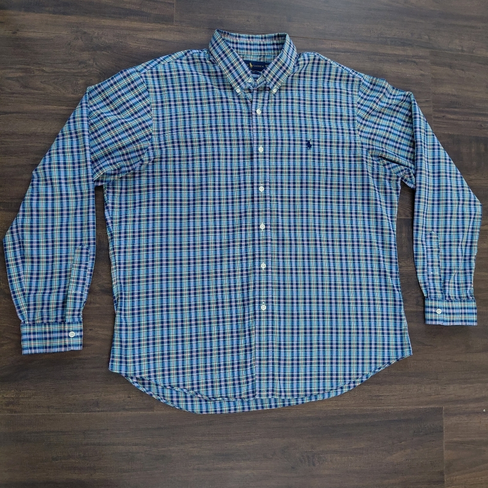 RALPH LAUREN Oxford Slim Fit Blue Plaid Long Sleeve Dress Shirt - Size XXL